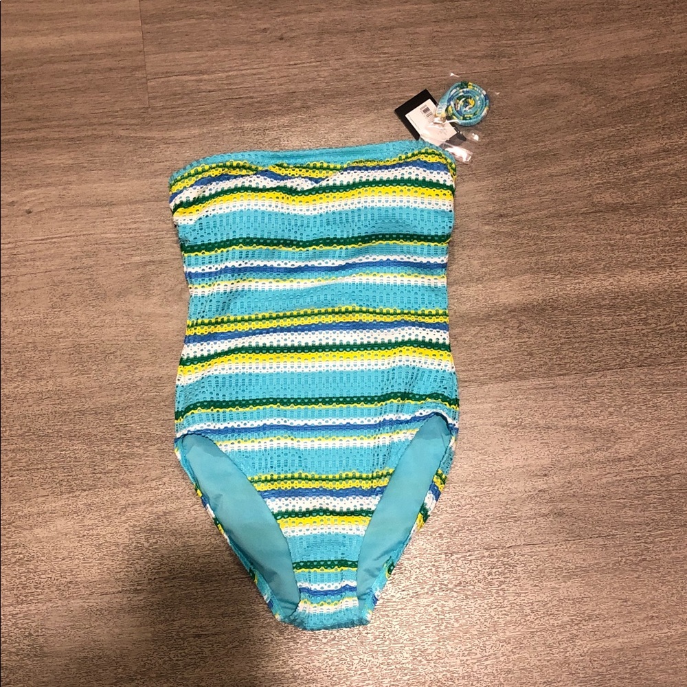 Kate Spade Bandeau Stripe Eyelet Swimsuit One-Piece Swim M 148 NWT